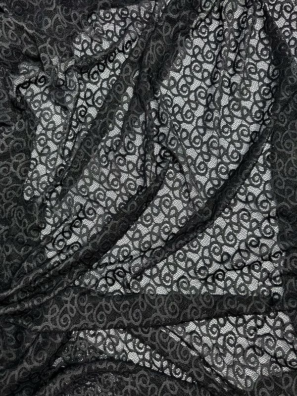 Tessuto pizzo elastico nero a motivo a spirale, largo 150cm (59.1")