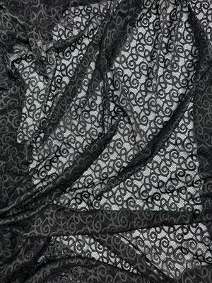 Schwarze Stretch-Spitze mit Wirbelmuster, 150cm (59.1") breit