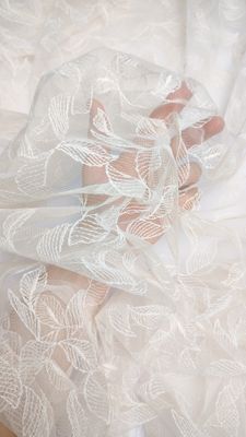 Ivory embroidered tulle with leaf pattern for lingerie sewing, soft non-stretch tulle fabric 145 cm