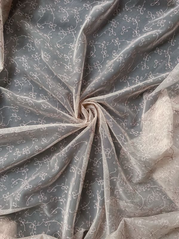 Beige embroidered tulle with powder pink floral pattern, 140cm (55.1") wide