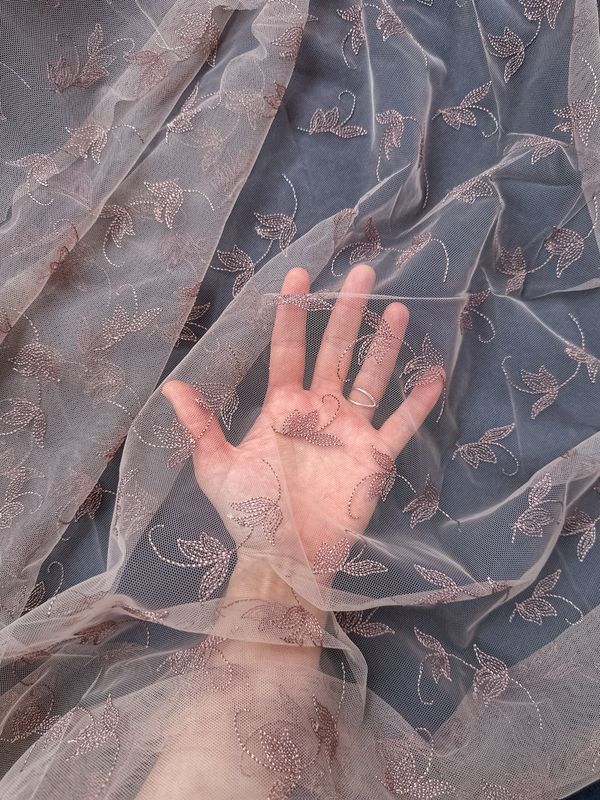 Coffee embroidered tulle with floral pattern, 140cm (55.1") wide