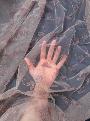 Coffee embroidered tulle with floral pattern, 140cm (55.1") wide