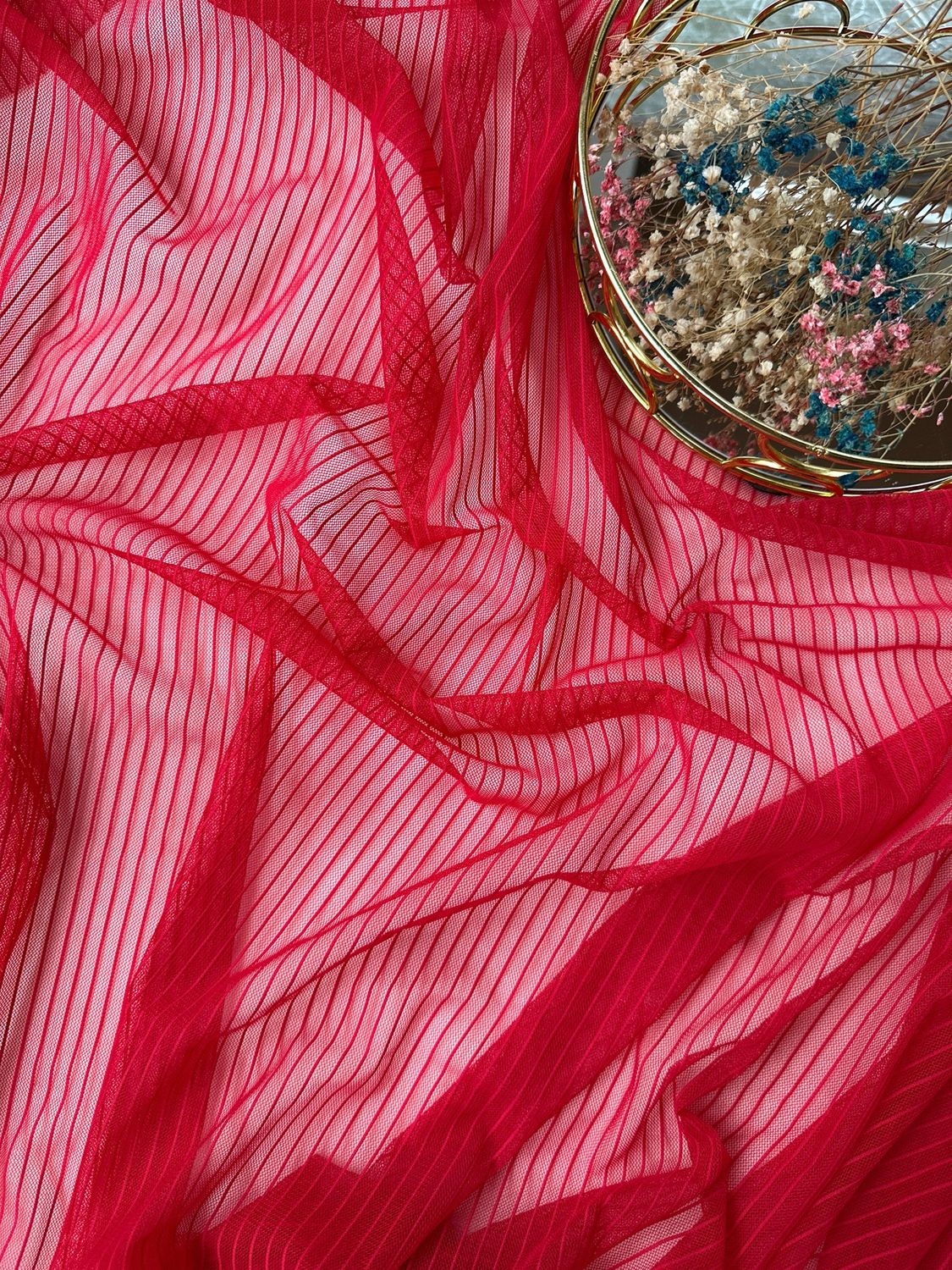 Dark Red Striped Mesh – 4-Way Stretch