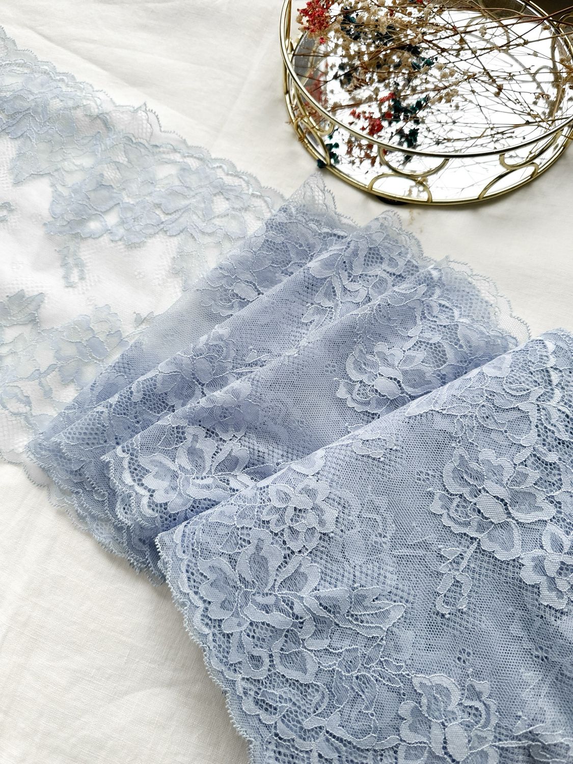 light blue stretch lace with floral pattern for lingerie sewing