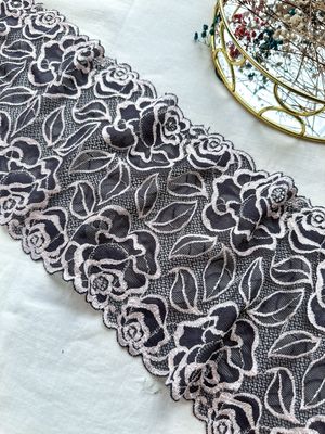 Grey Mocha Elastic Lace with Silver Peony Pattern