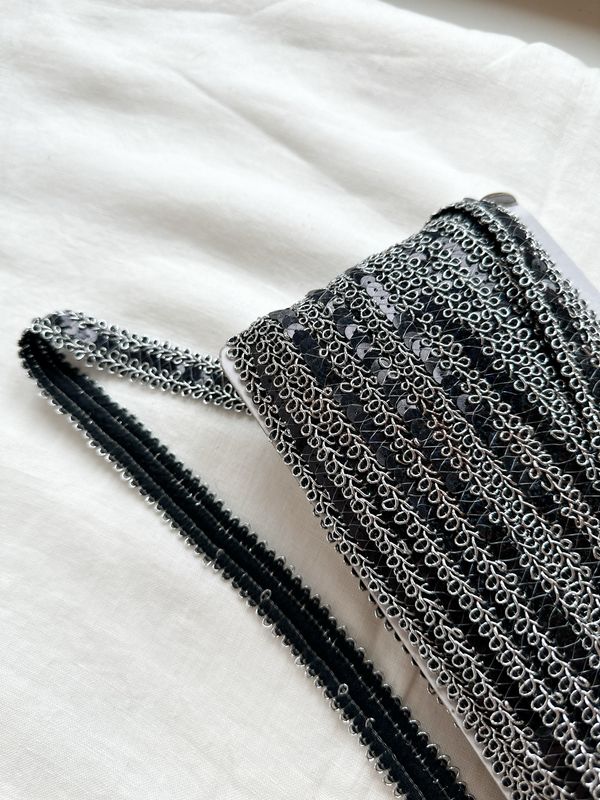 Black Sequin Embroidered Trim with Silver Edge