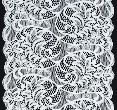 white stretch lace with floral pattern and scalloped edges