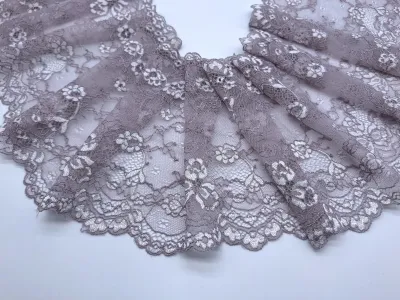 grey purple stretch lace with floral pattern and scalloped edges