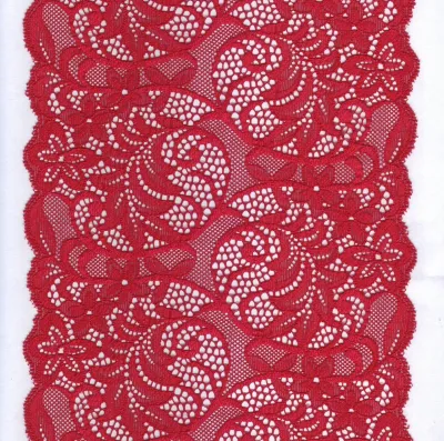 red floral stretch lace with scalloped edges for lingerie sewing