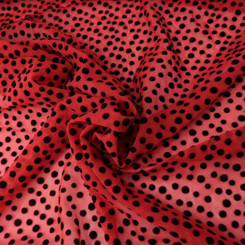 Red Stretch mesh with velvet polka dots
