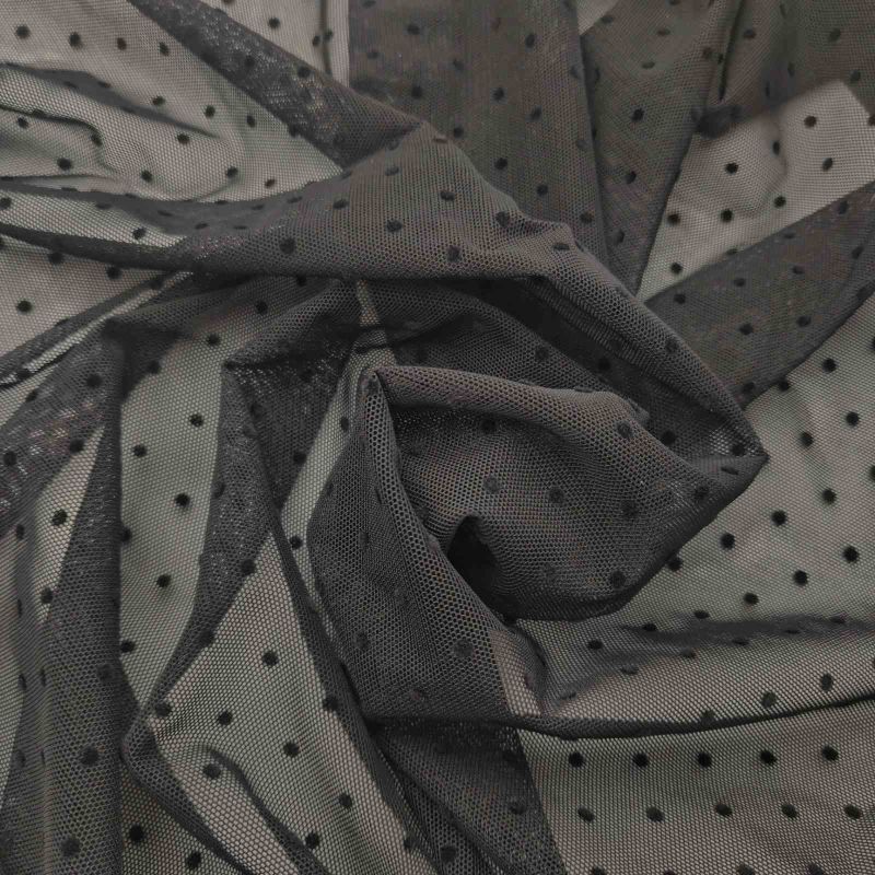 Black Stretch mesh with velvet polka dots