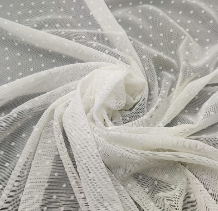 Ivory Stretch mesh with velvet polka dots