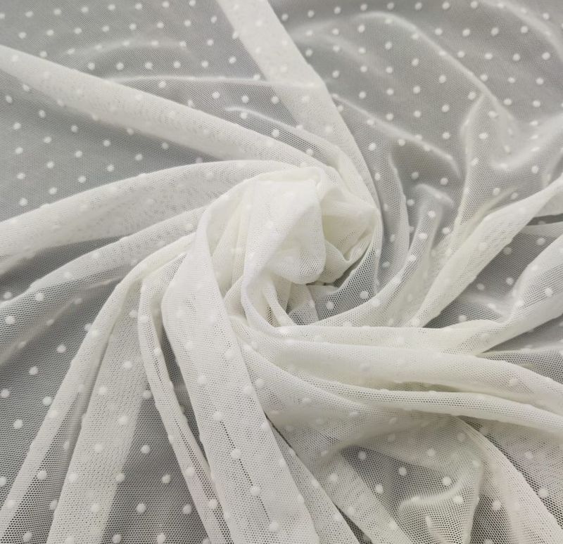 Ivory Stretch mesh with velvet polka dots