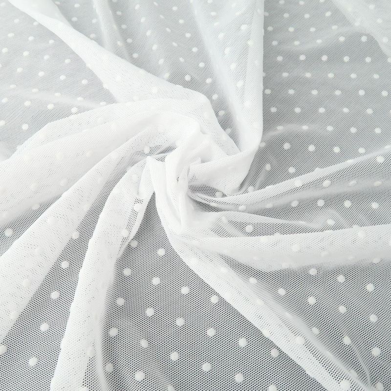 White Stretch mesh with velvet polka dots