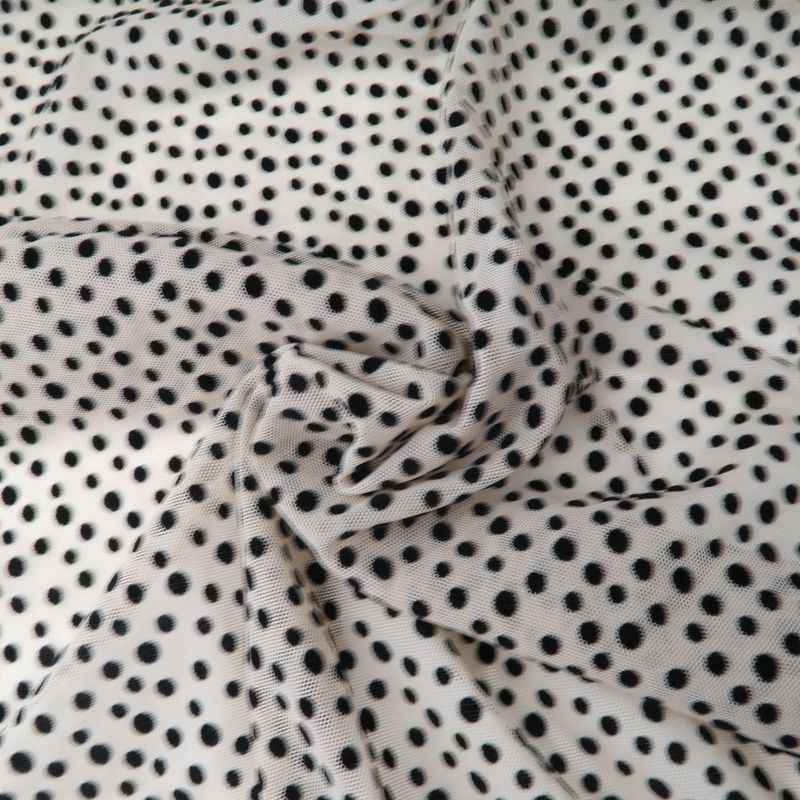 Beige Stretch mesh with velvet polka dots