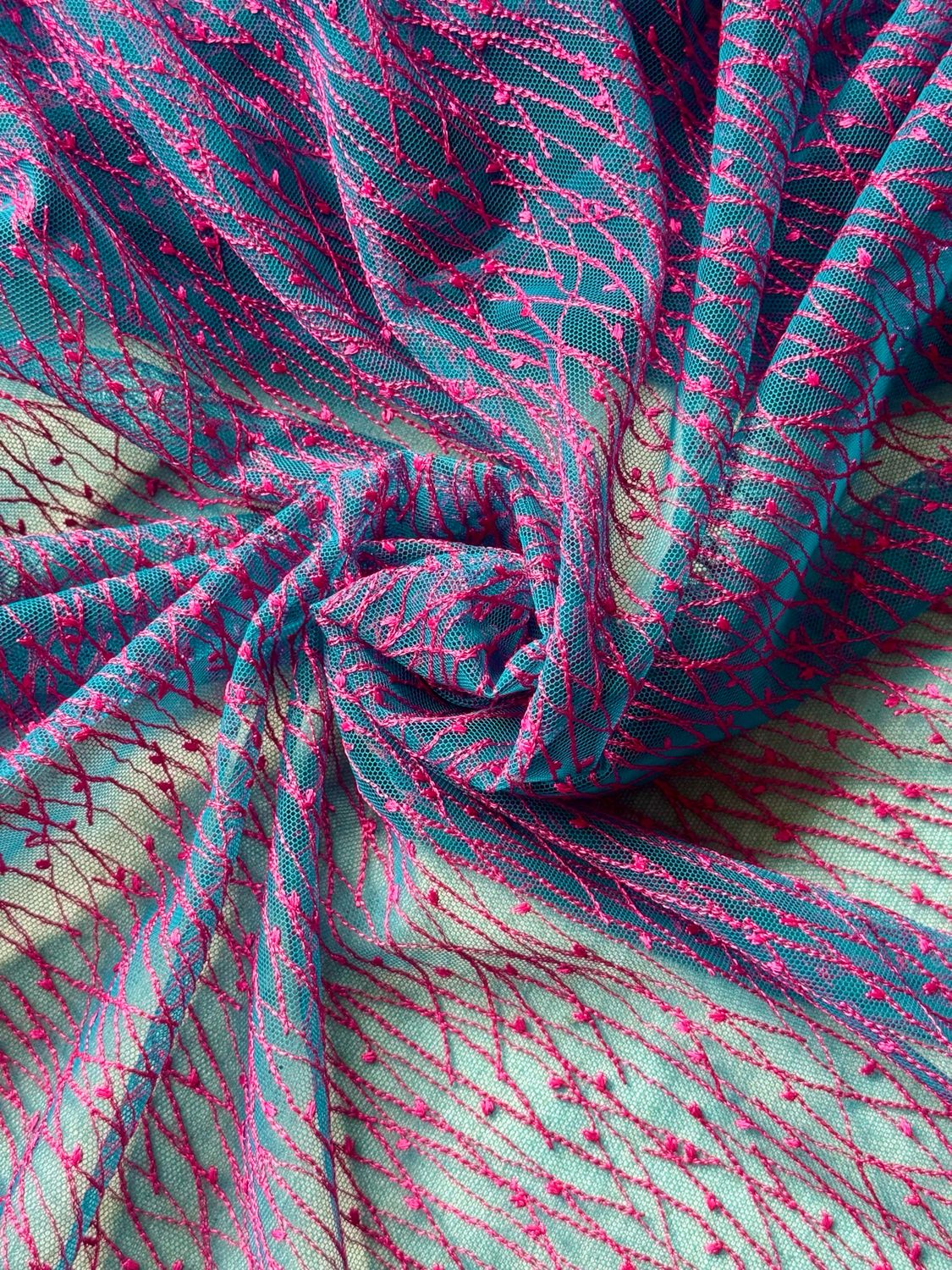 Turquoise Embroidered Non-Stretch Tulle with Fuchsia Threads