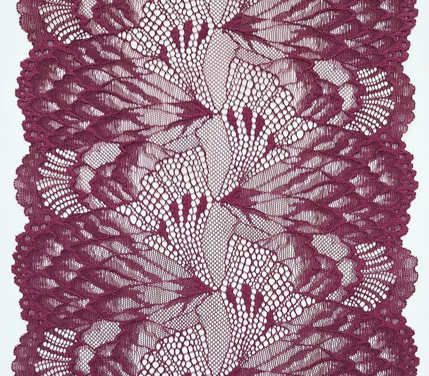 plum stretch lace with floral pattern and scalloped edges