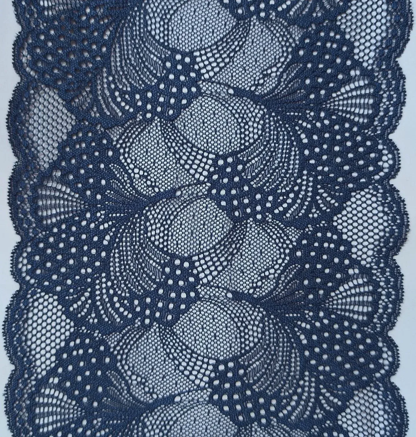 French blue stretch lace with floral pattern and scalloped edges