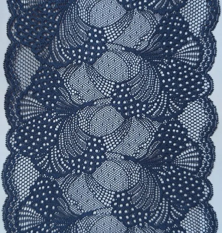French blue stretch lace with floral pattern and scalloped edges