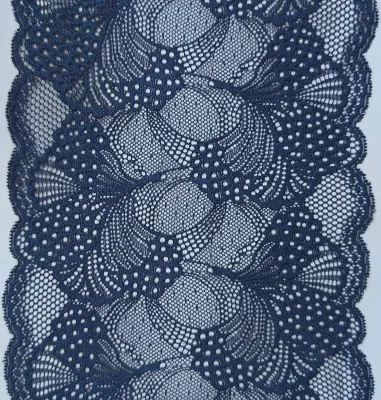 French blue stretch lace fabric, 19cm wide scalloped trim