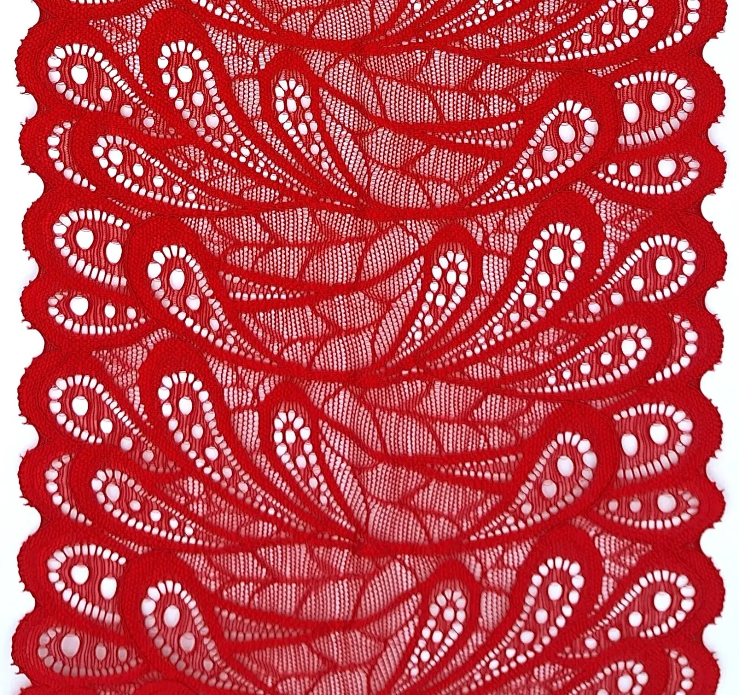 red stretch lace with floral pattern and scalloped edges