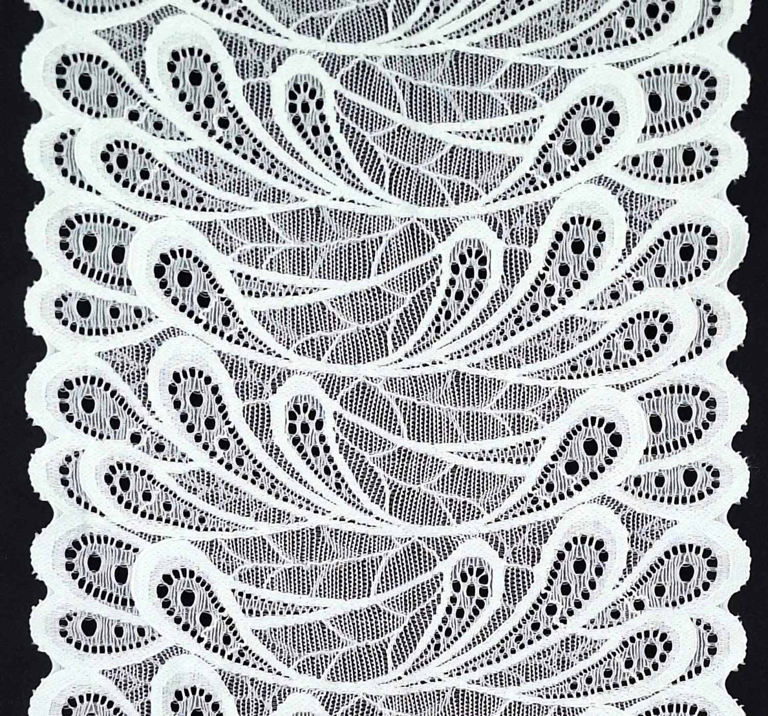 white stretch lace with floral pattern and scalloped edges