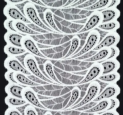 white stretch lace with floral pattern and scalloped edges