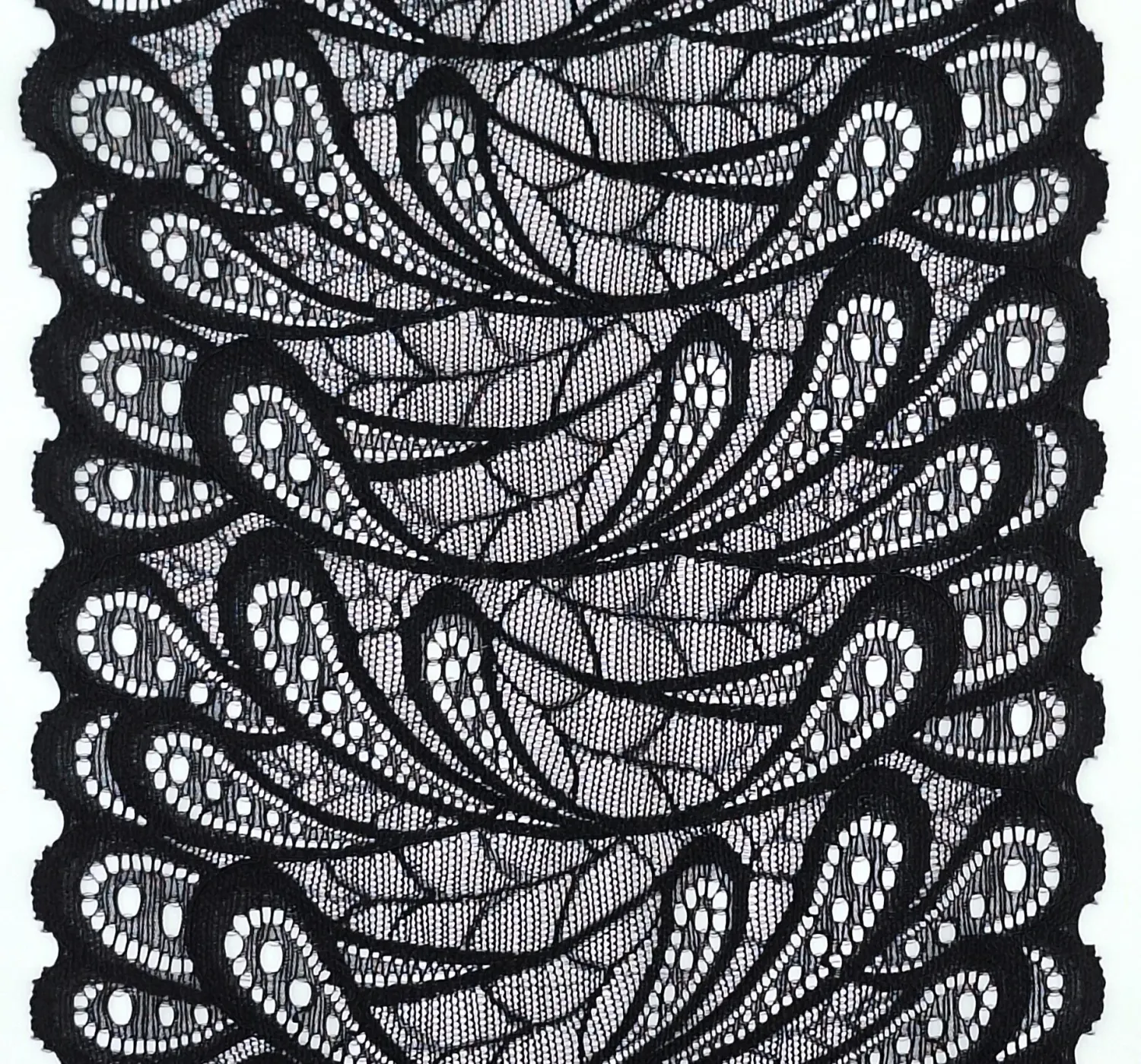 black stretch lace with floral pattern and scalloped edges
