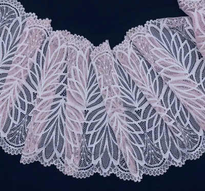 dusty rose stretch lace with floral pattern and scalloped edges