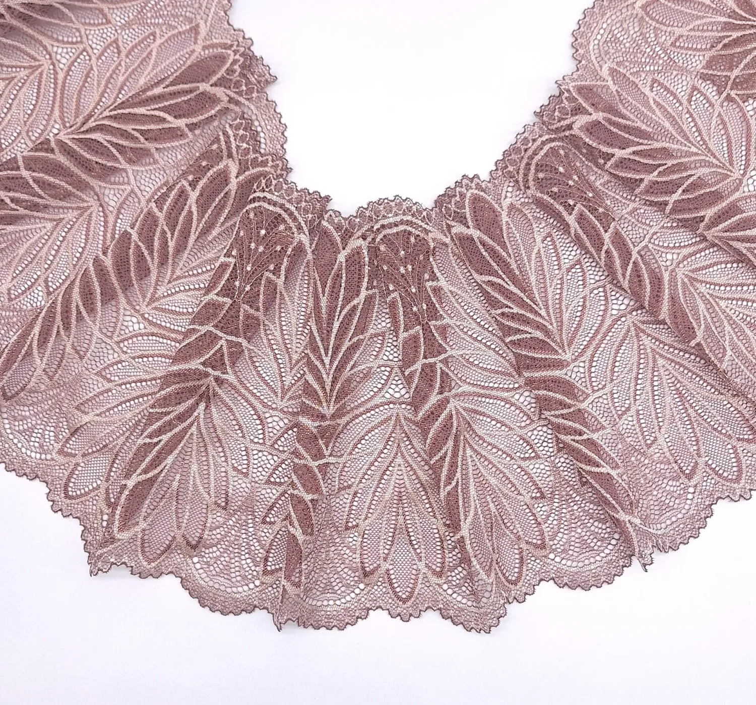 coffee rose stretch lace with floral pattern and scalloped edges