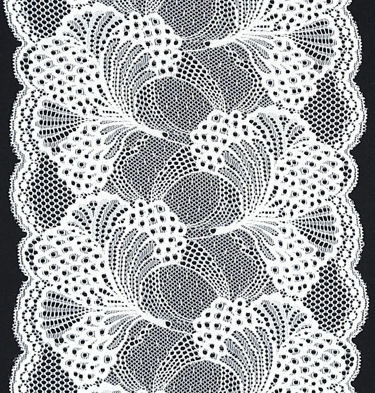white stretch lace with floral pattern and scalloped edges