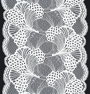 white stretch lace with floral pattern and scalloped edges
