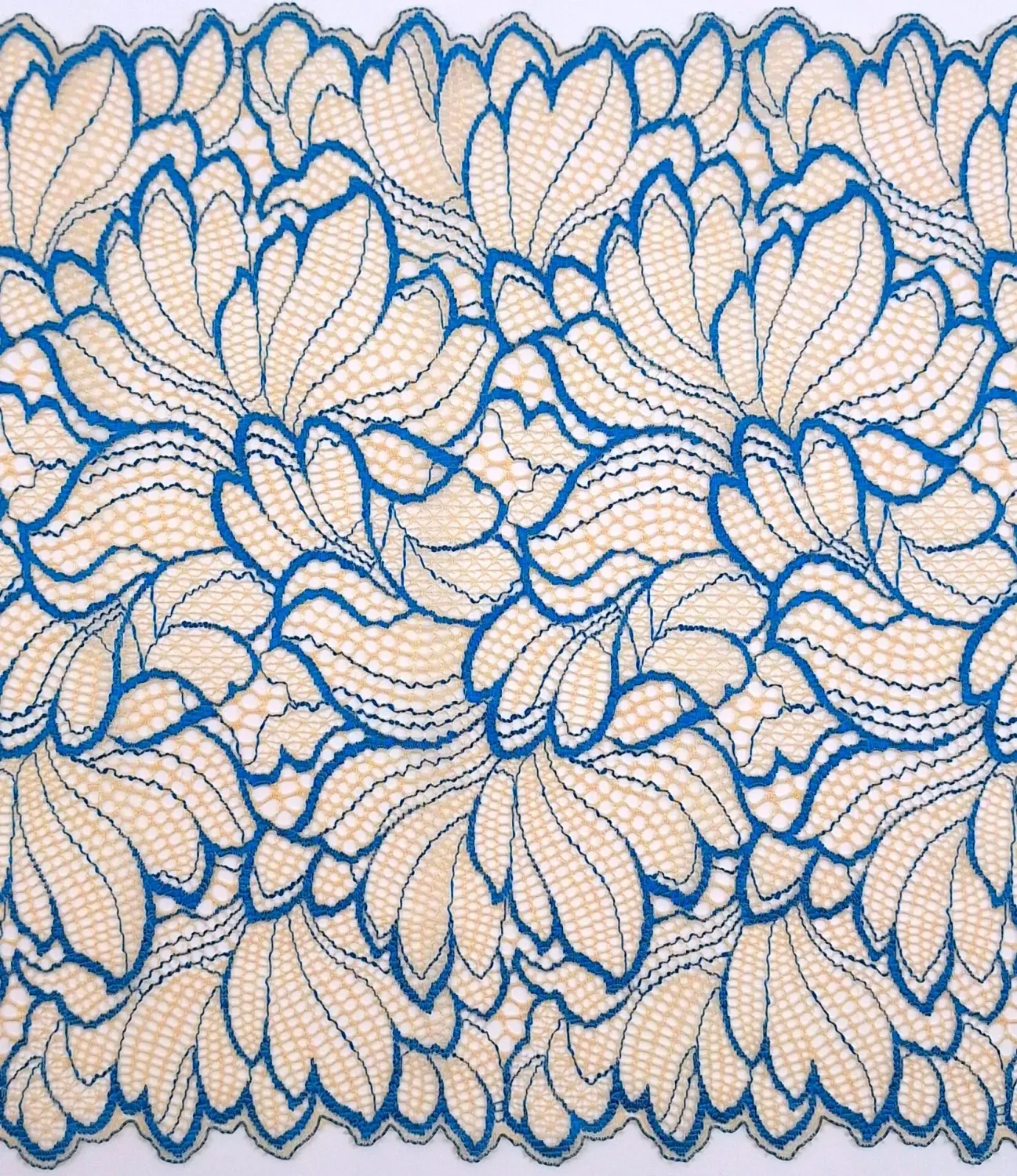 silver peony stretch lace with topaz floral pattern and scalloped edges
