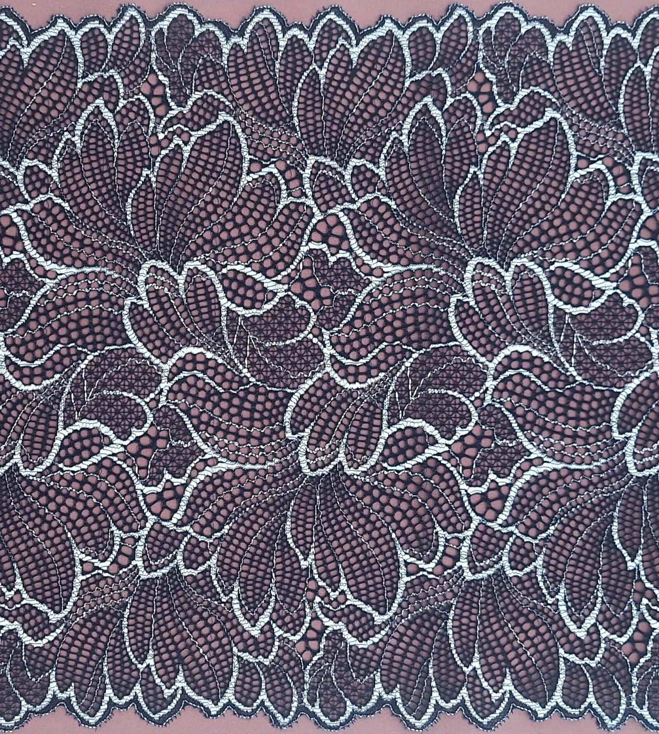 dark blue stretch lace with floral pattern and scalloped edges