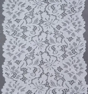 White floral stretch lace trim with openwork leaves and two scalloped edges, 19 cm wide