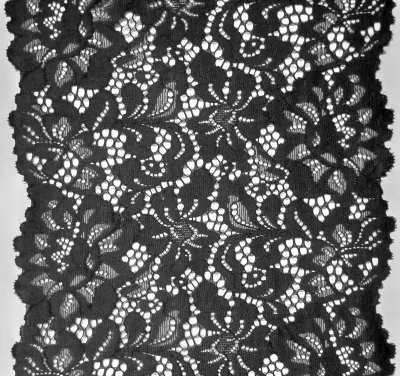 Dentelle extensible noire à fleurs avec feuilles ajourées et deux bords festonnés, largeur 19 cm