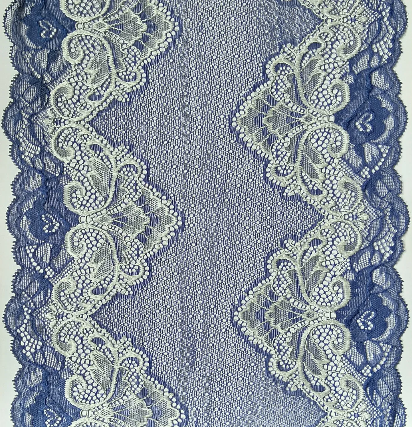 denim blue elastic lace trim with floral pattern and scalloped edges for lingerie sewing