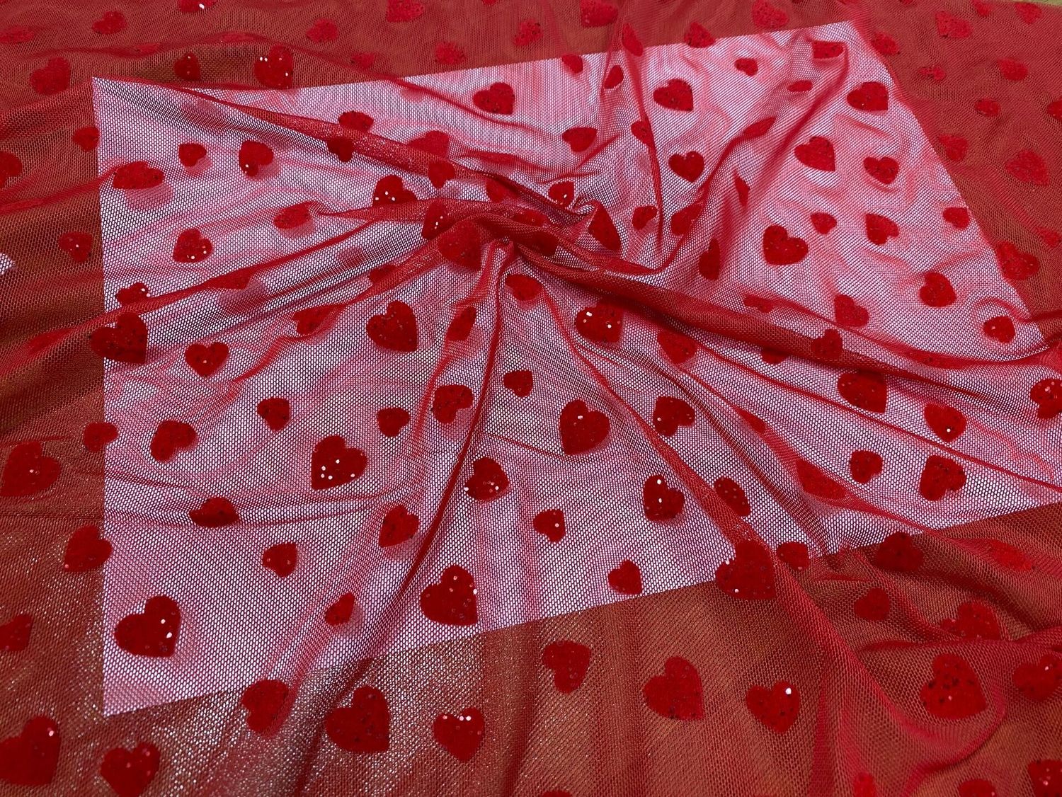 Flock elastic mesh hearts flock red glitter