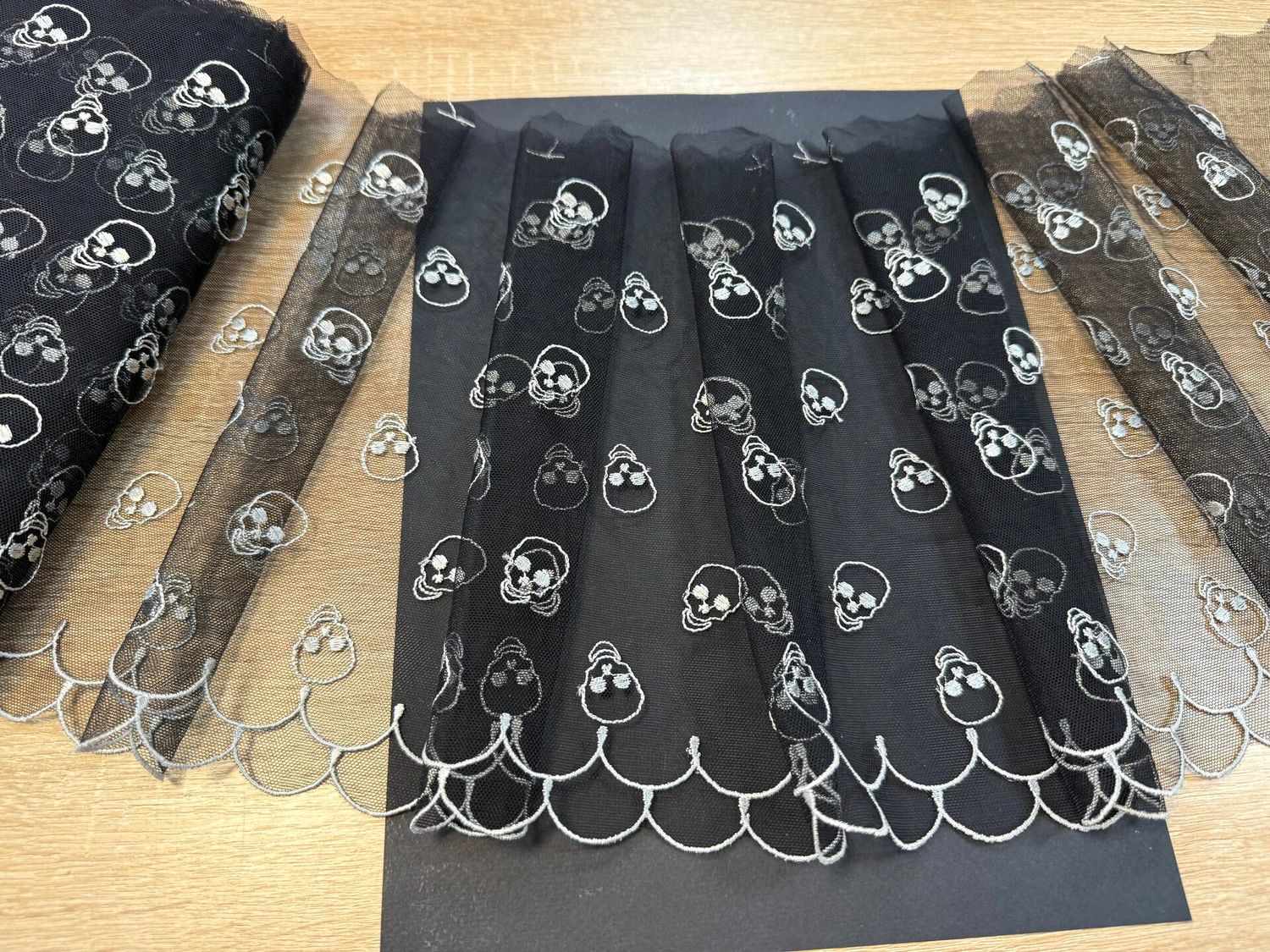 Embroidered mesh lace MIA-401 skulls black/light.grey