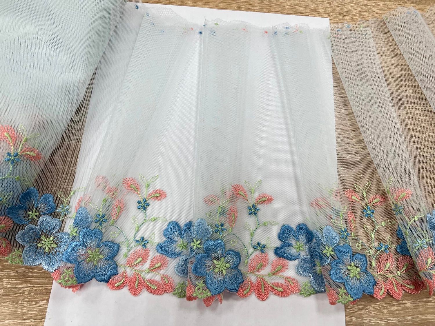 Embroidered mesh lace MD-8021 soft blue/coral almond/sky blue