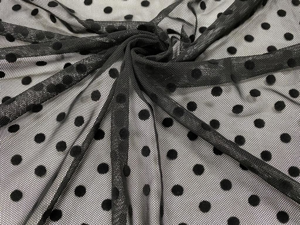 Flock elastic mesh black, polka dot 8mm 1 meter