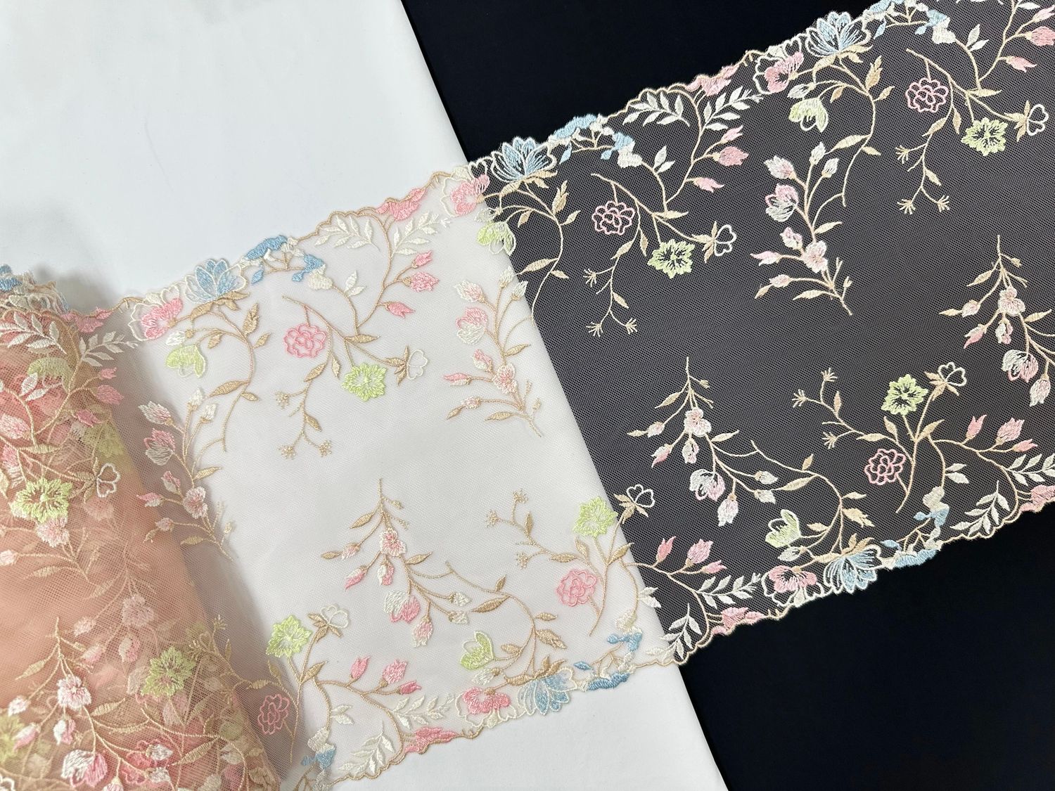 Embroidered mesh lace OS-9024 peach blush/beige/bright sky blue/pink/lime green