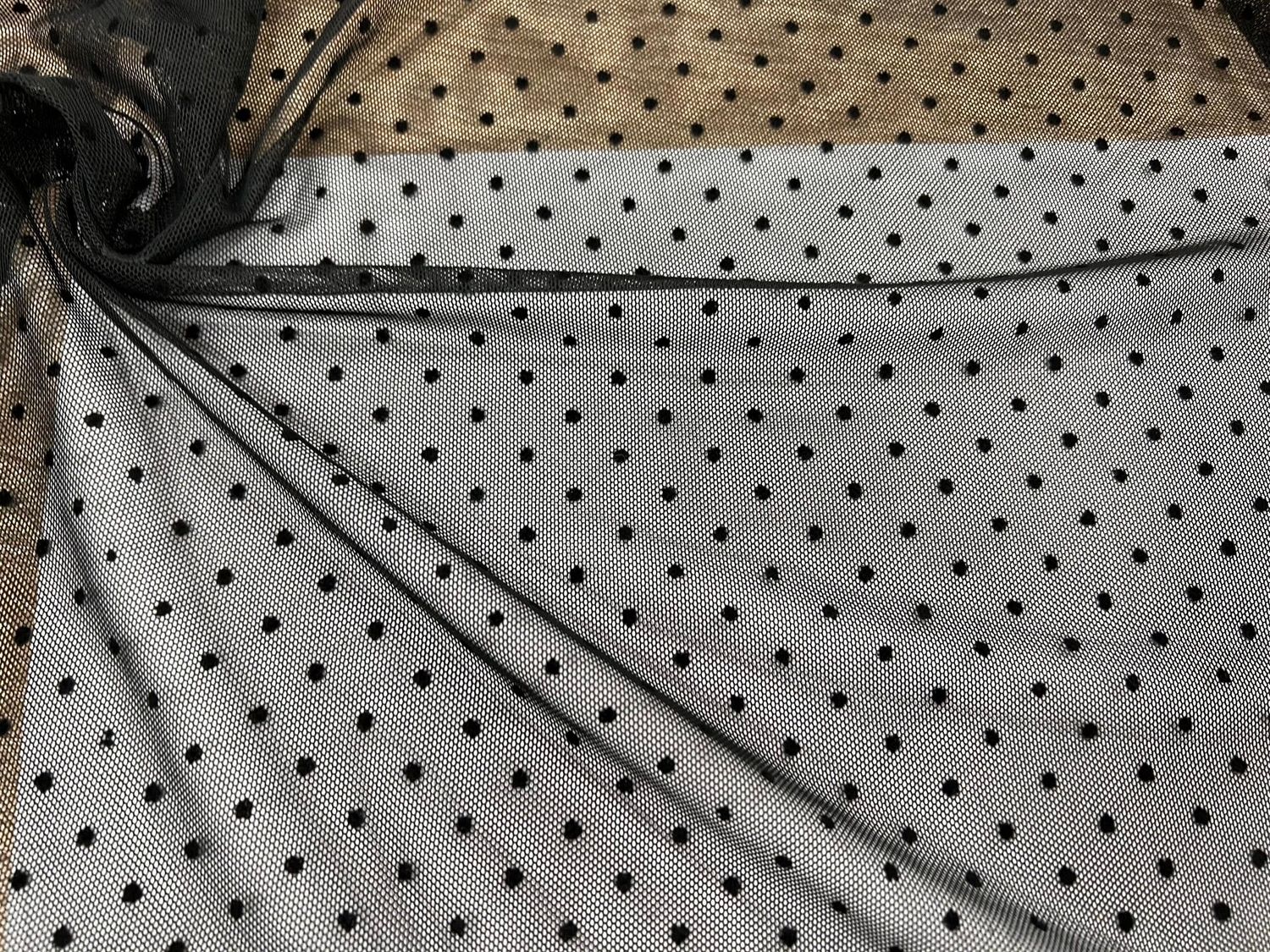 Flock elastic mesh black, polka dots 3,5 1 meter