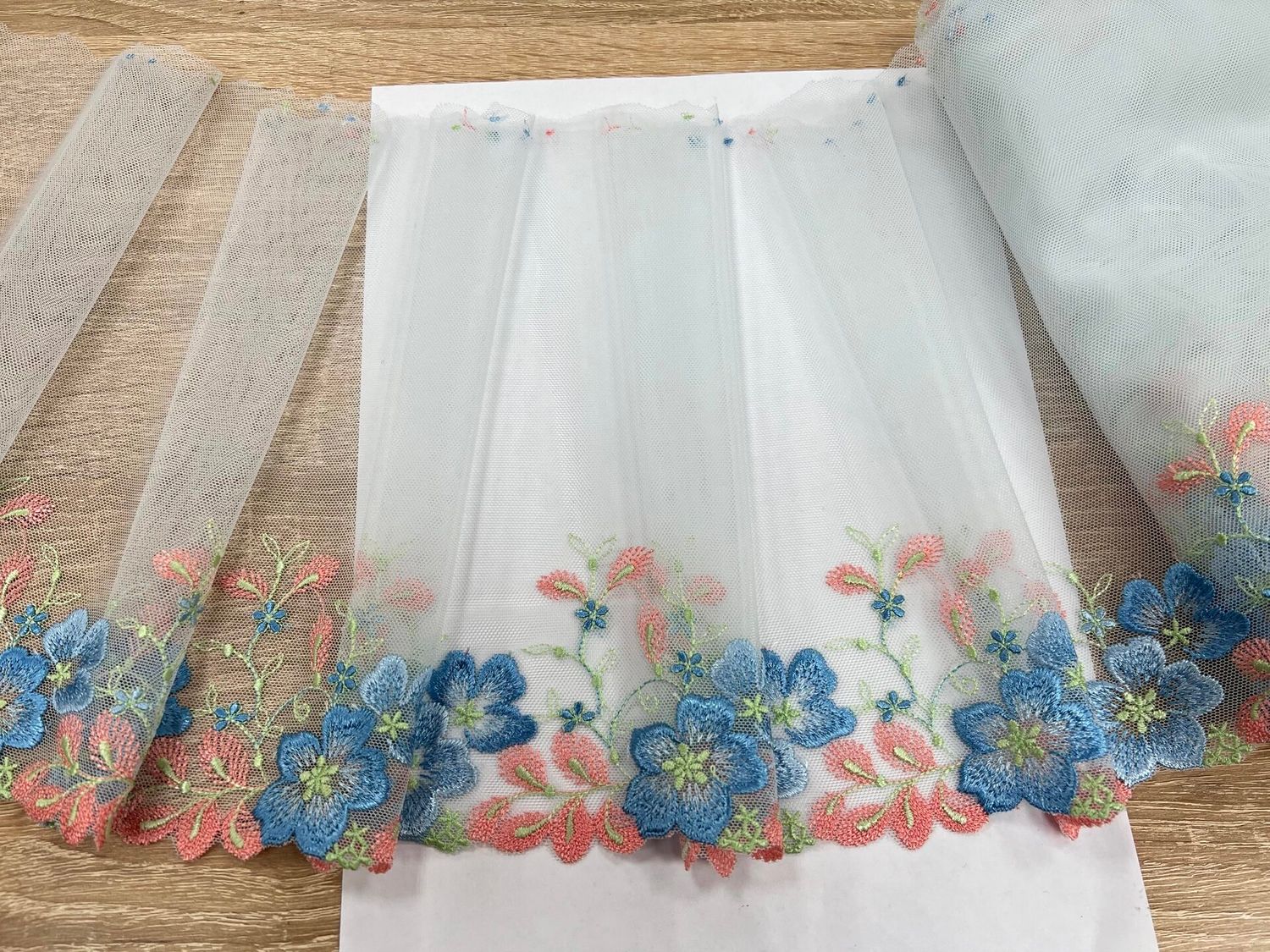Embroidered mesh lace MD-8021 soft blue/coral almond/sky blue