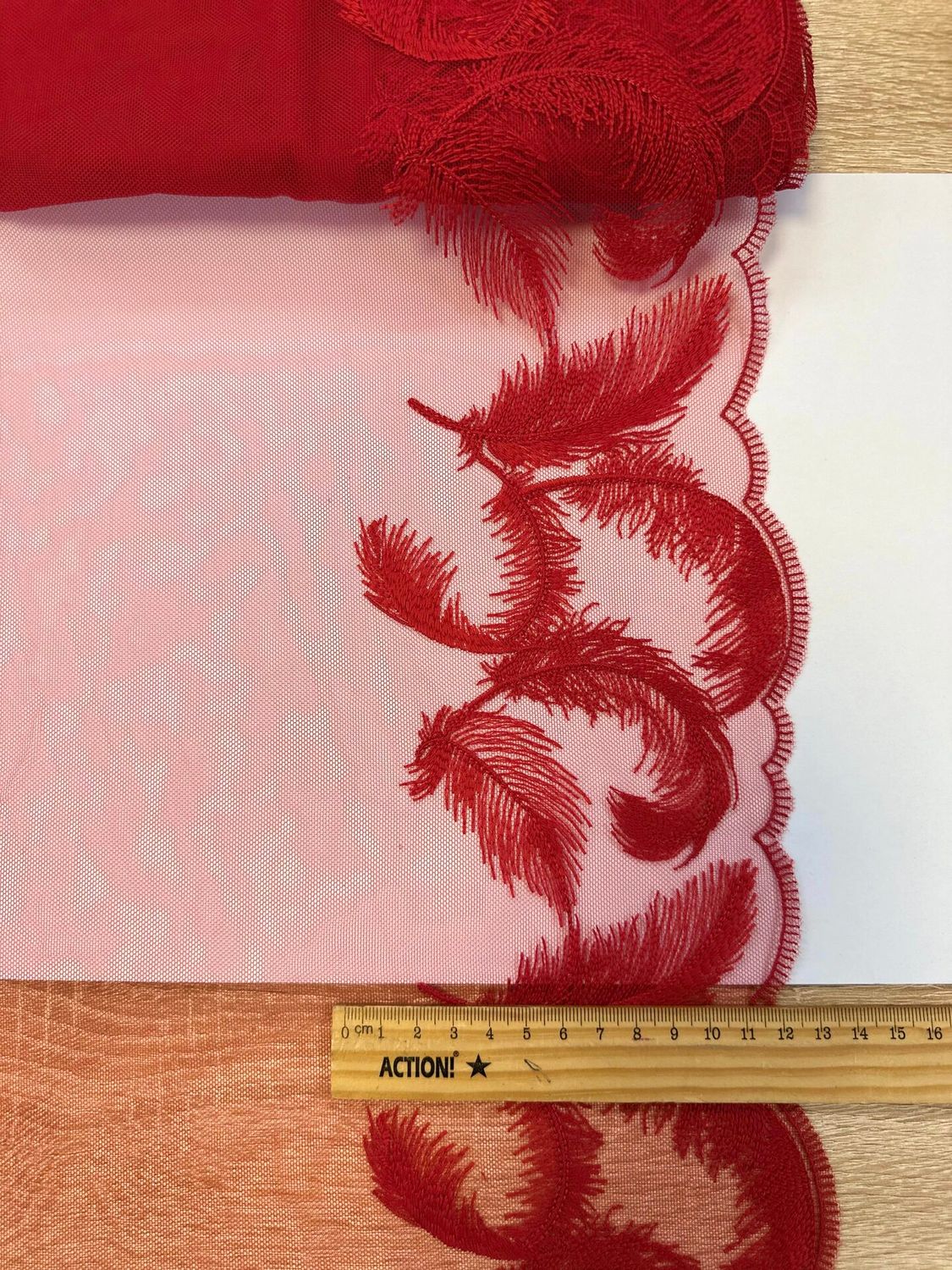 Embroidered mesh lace NI-90297 red feathers