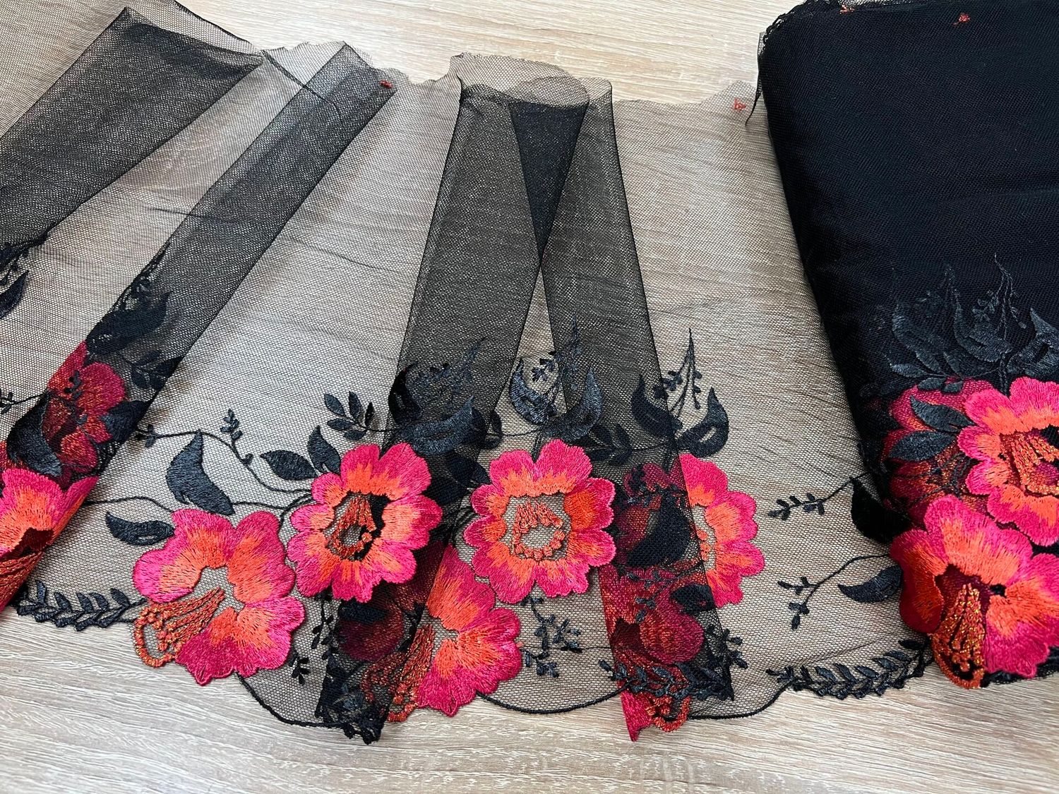 Embroidered mesh lace ST-90220 black/orange/raspberry/bronze