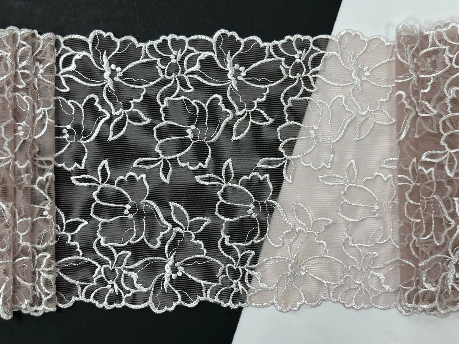 Elastic embroidered lace LV-7565 coffee-lilac/white