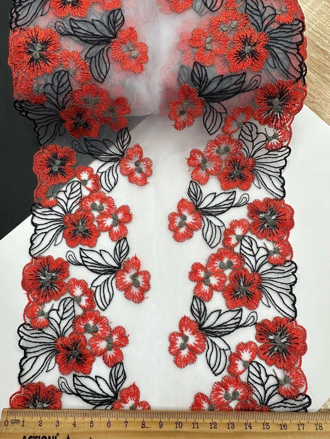 Embroidered mesh lace 17.5cm white/black/tangerine tango