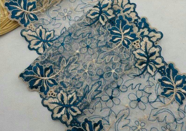 Embroidered mesh lace IW-0433 turquoise/beige