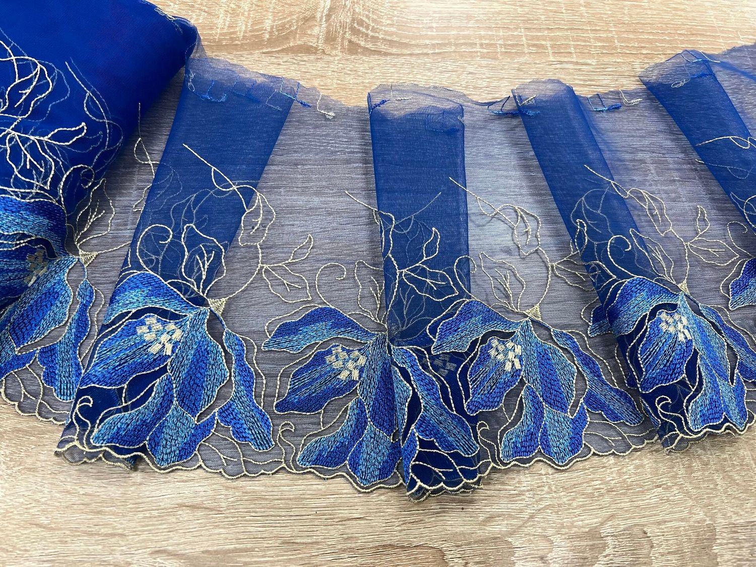 Embroidered mesh lace AG-90265 cornflower/sky blue/beige